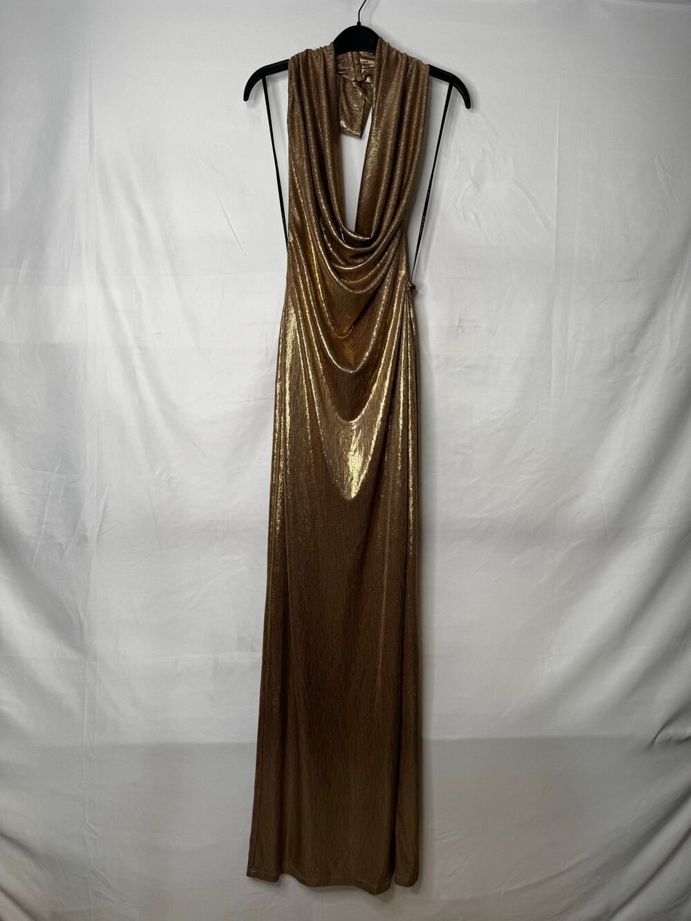 NWT Black Halo Gold Metallic Draped Cowl Halter Maxi Gown L XL